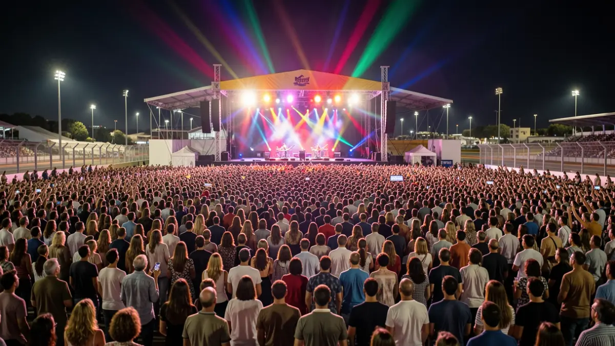 Imagen de un festival de música nocturno en el Circuito de Jerez, con un gran escenario iluminado y una multitud de asistentes.