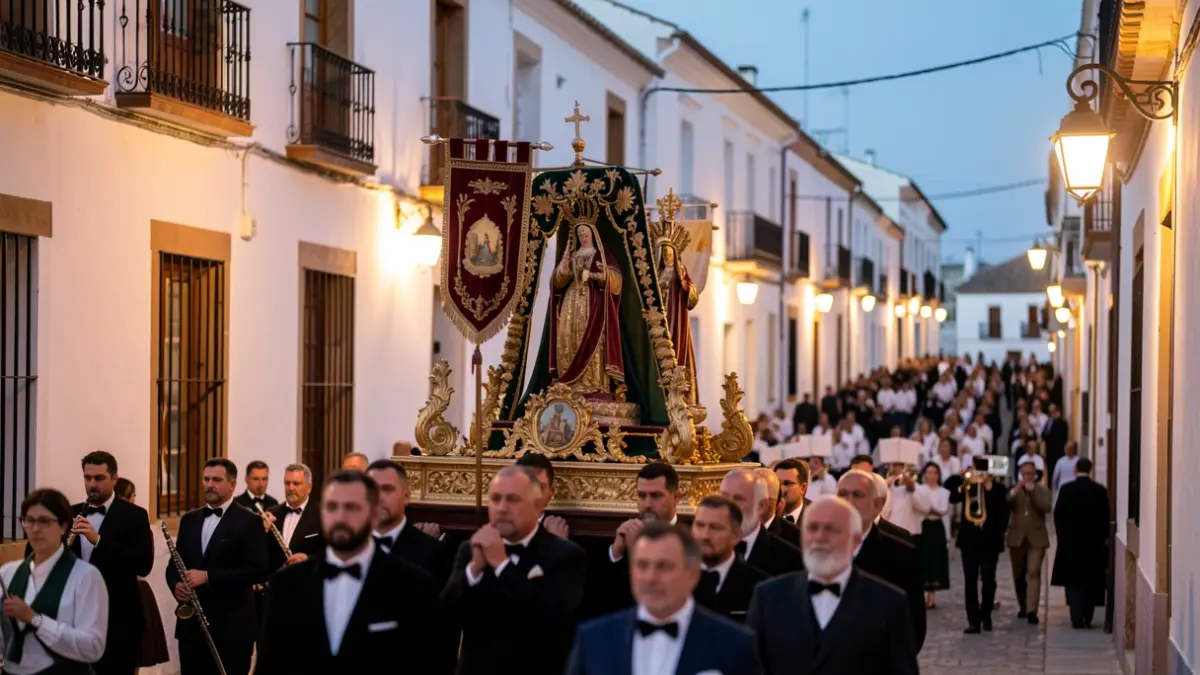 Procesión de la Virgen de la Cabeza Peregrina por las calles de La Gangosa, Vícar, con devotos y música.