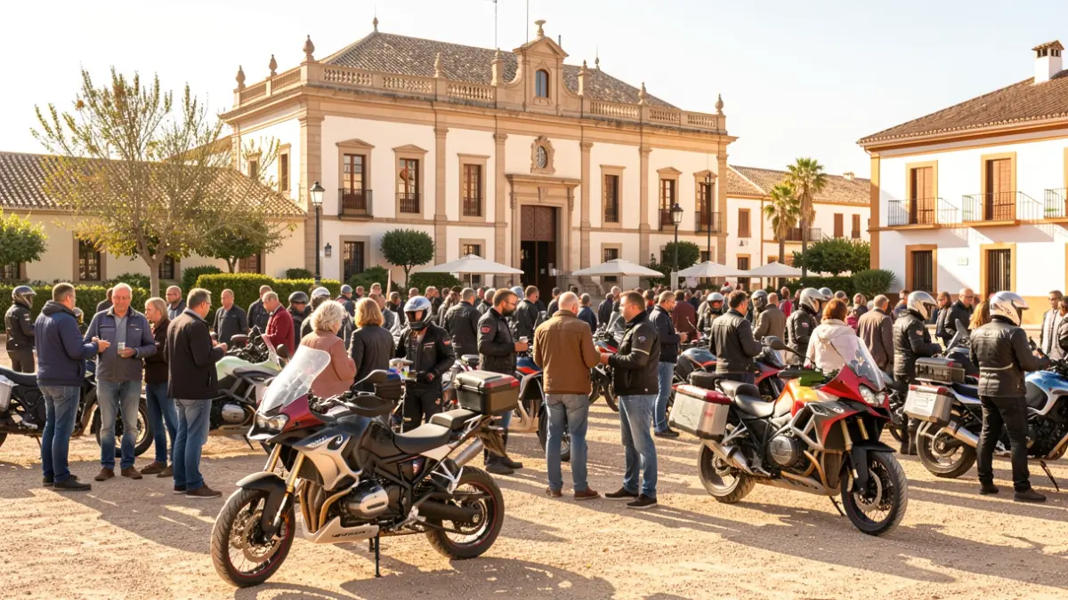 Imagen genérica de una concentración motera en Andalucía con el ayuntamiento de fondo.