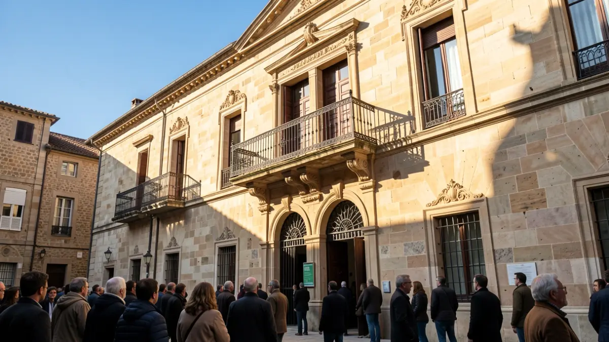Facade of an Andalusian town hall with a balcony and iron railings, afternoon sunlight.