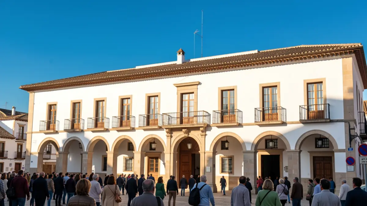 Facade of a white Andalusian town hall with arches and a tiled roof, under a bright blue sky. Warm sunlight casts soft shadows.