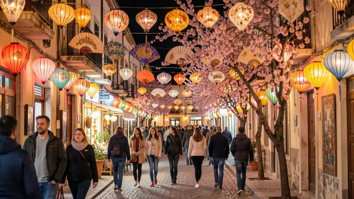 Image of the 'Paseando entre Velas' celebration in Vícar, decorated with Far East motifs and lanterns.