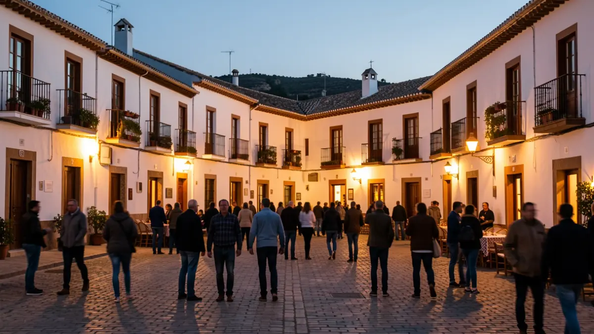 Plaza de un pueblo andaluz al atardecer con luces cálidas y gente disfrutando de la noche.