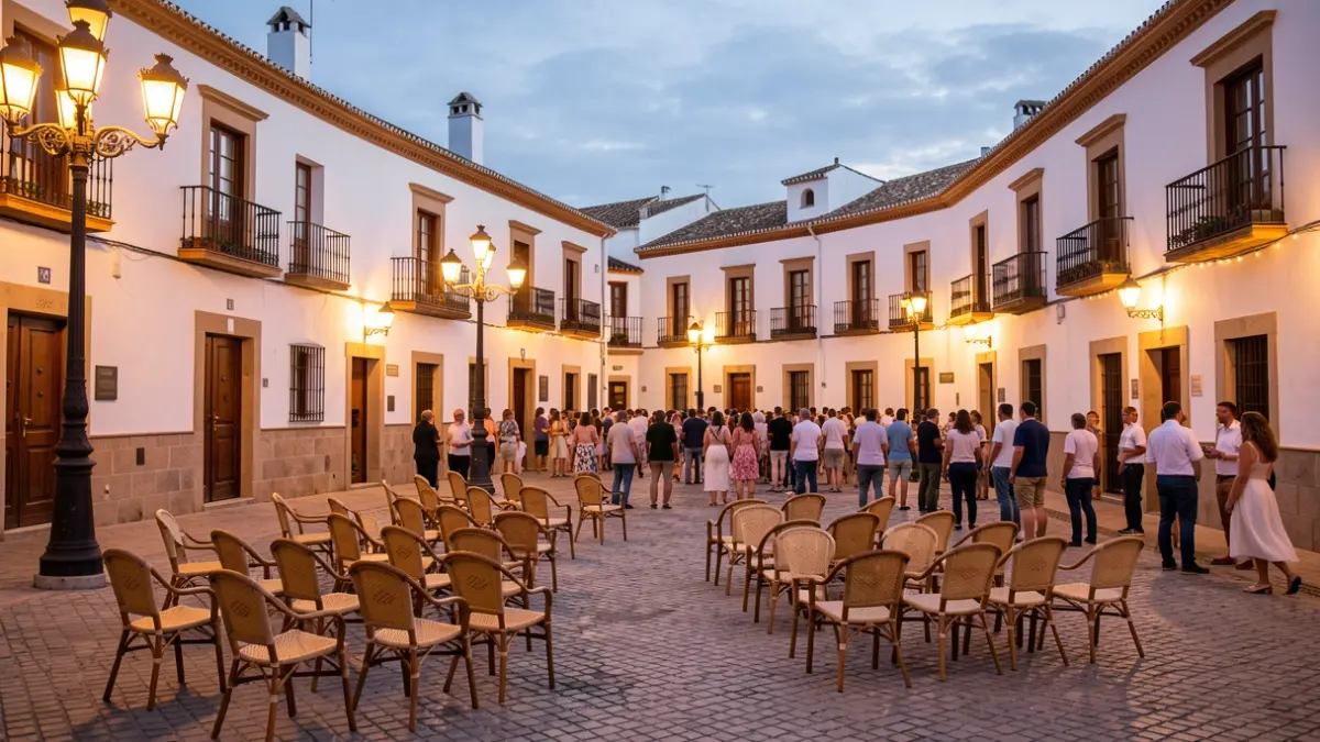 Plaza de un pueblo andaluz al atardecer con farolas encendidas y sillas vacías.