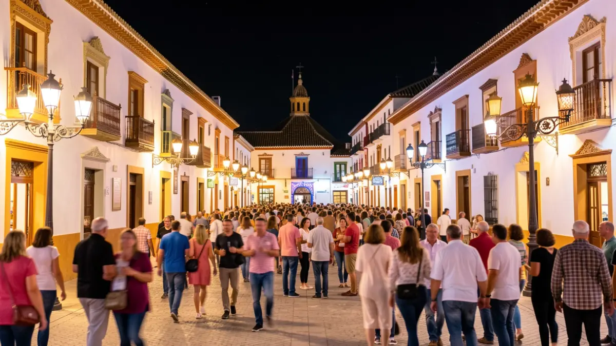 Imagen genérica de una plaza andaluza iluminada por la noche durante una feria, con gente y arquitectura tradicional.