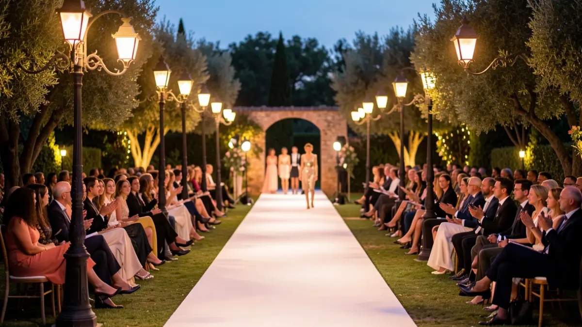 Desfile de moda flamenca en los Jardines de la Casa Museo del Pintor Pedro Bueno de Villa del Río al atardecer.