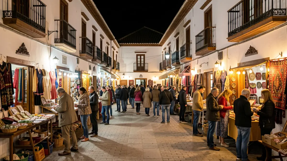 Generic image of a shopping night in an Andalusian square with open shops and people enjoying the event.