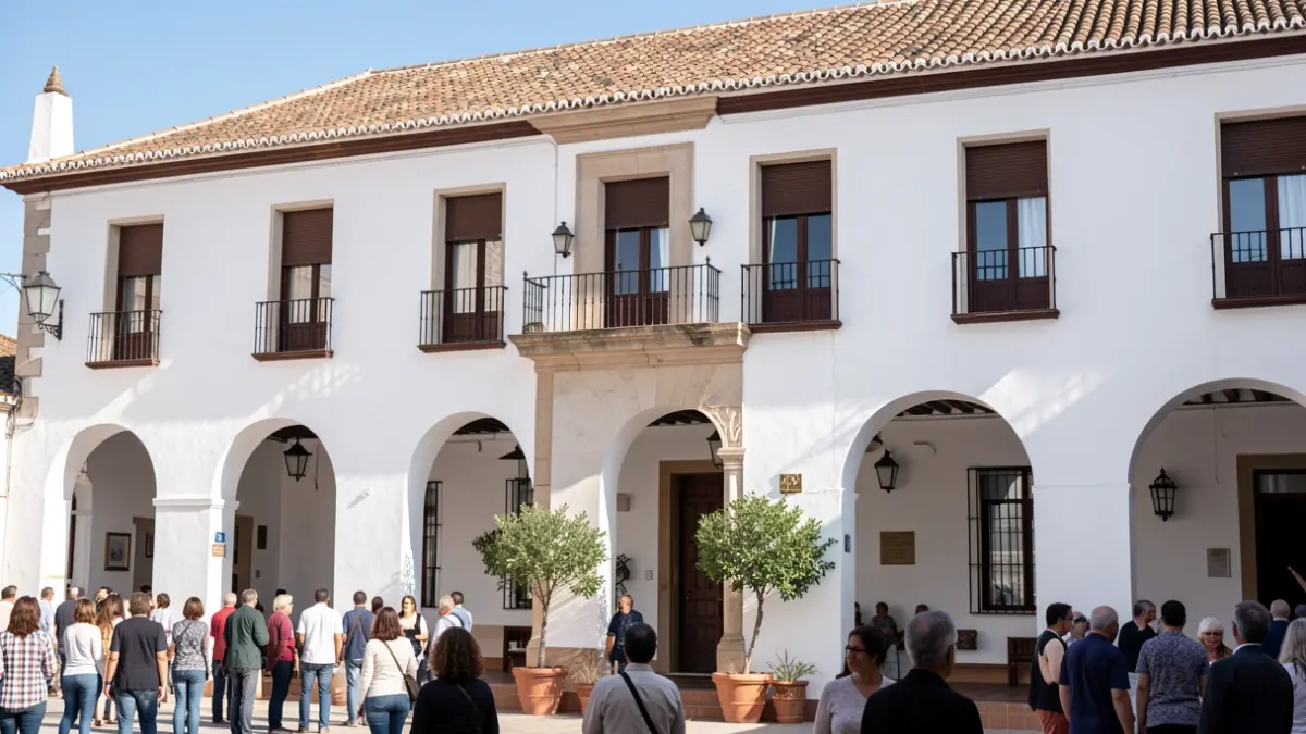 Fachada de un ayuntamiento andaluz tradicional con paredes blancas y arcos, bajo un sol brillante.