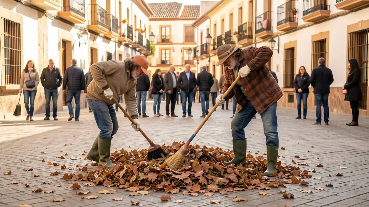 Municipal workers cleaning leaves and debris in a square in Villa del Río.