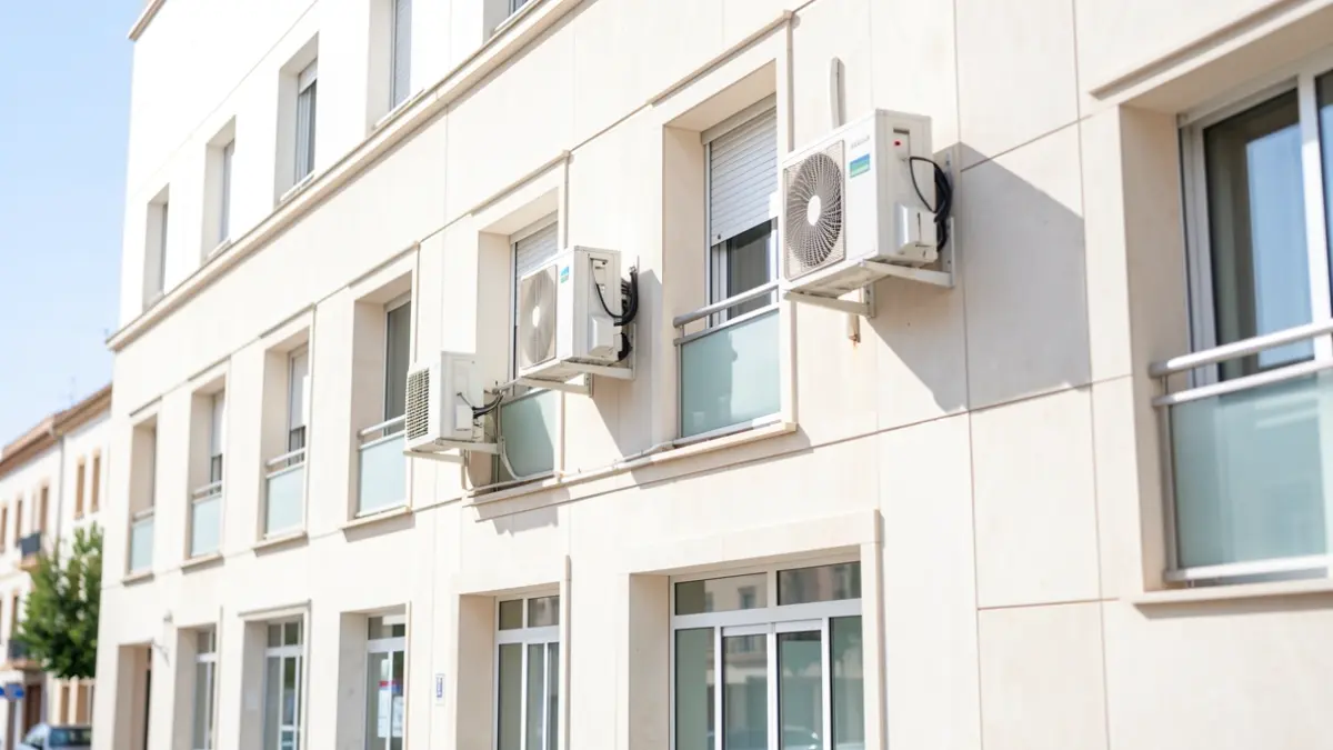 Facade of the municipal building in Villa del Rio with installed air conditioning units.