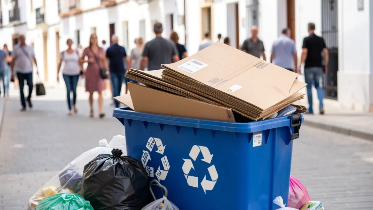 Overflowing recycling bins with cardboard and trash bags piled around them on a street in Villa del Río.