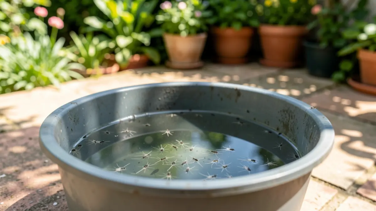 Primer plano de agua estancada en un recipiente de plástico con larvas de mosquito, con un jardín borroso al fondo.