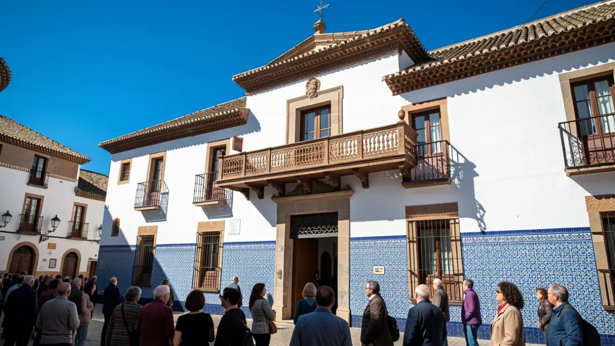 Fachada del Ayuntamiento de Villa del Río con azulejos y balcón.