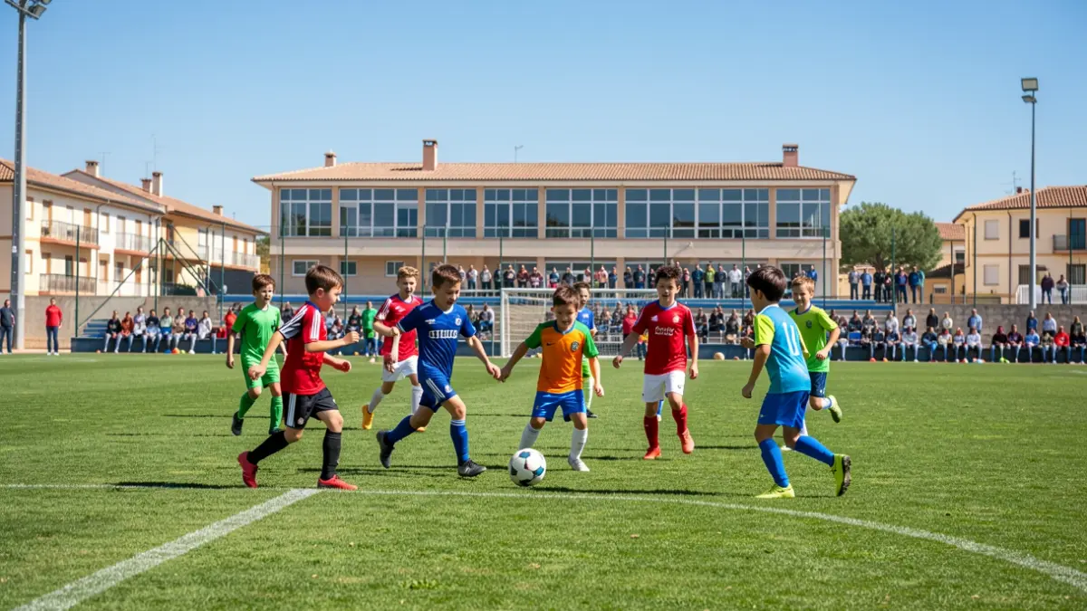 Imagen de niños y jóvenes jugando al fútbol en un campo deportivo municipal.