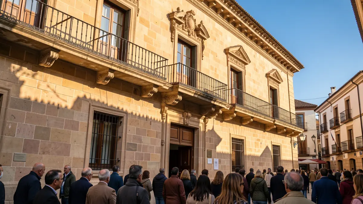 Fachada de un ayuntamiento andaluz con balcón y barandillas de hierro, luz de sol de la tarde.