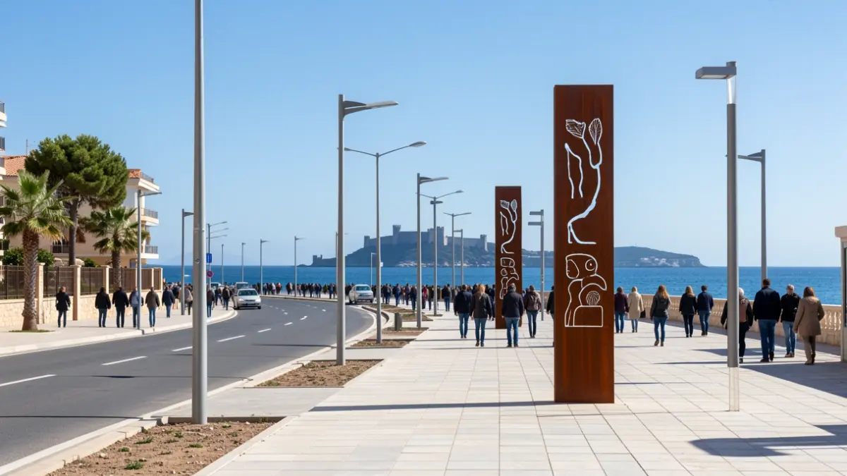 Nuevo bulevar urbano en Villaricos con aceras amplias, señalética temática y el mar al fondo.