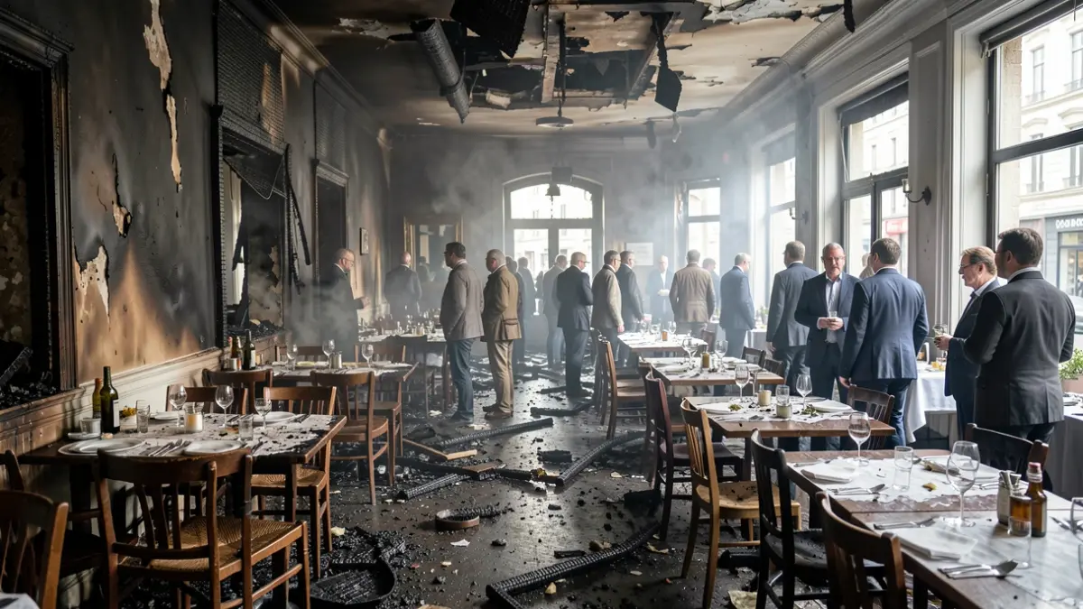 Interior de un restaurante completamente destruido por un incendio.