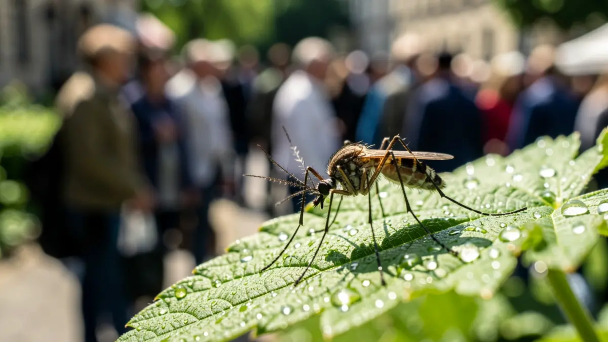 Close-up of a mosquito on a leaf with dew drops.