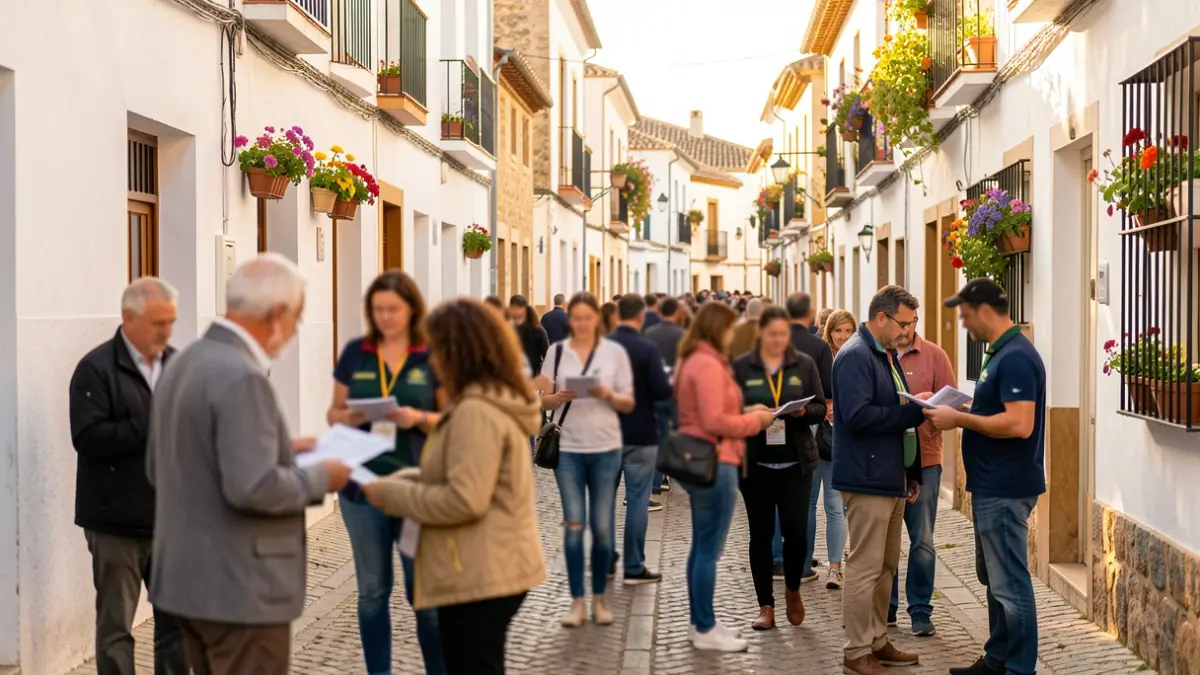 Imagen genérica de voluntarios repartiendo folletos en una calle de un pueblo andaluz.