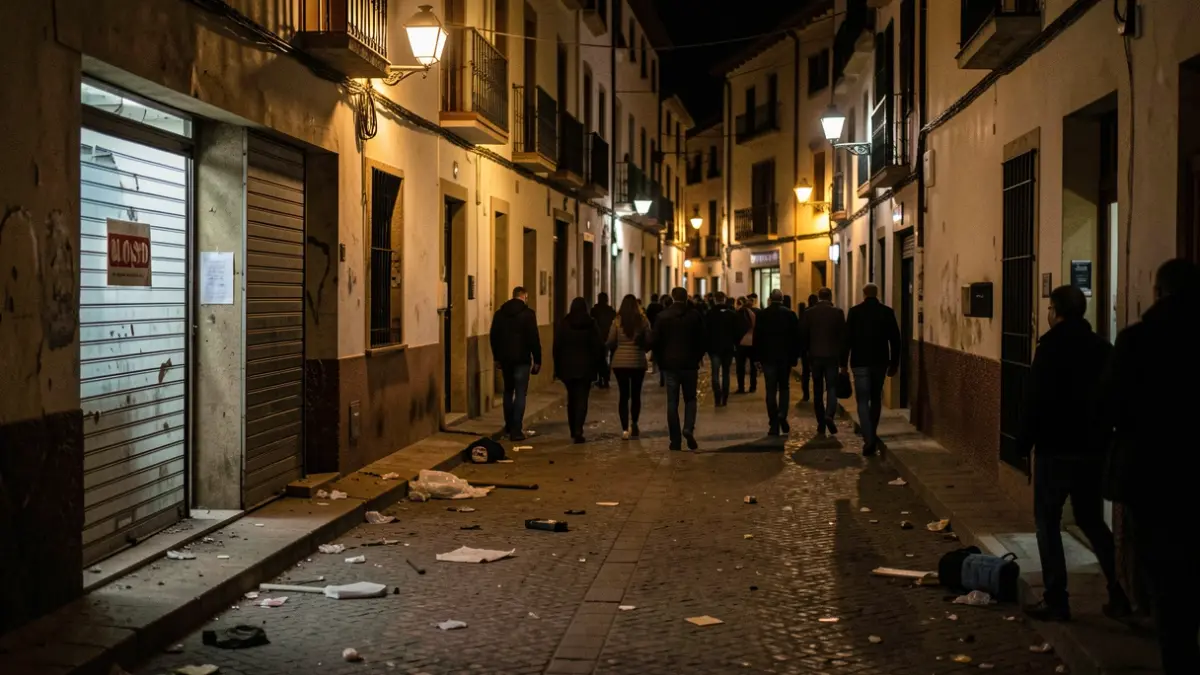 Imagen genérica de un local comercial cerrado por la noche en una calle de Andalucía, con ambiente de inseguridad.