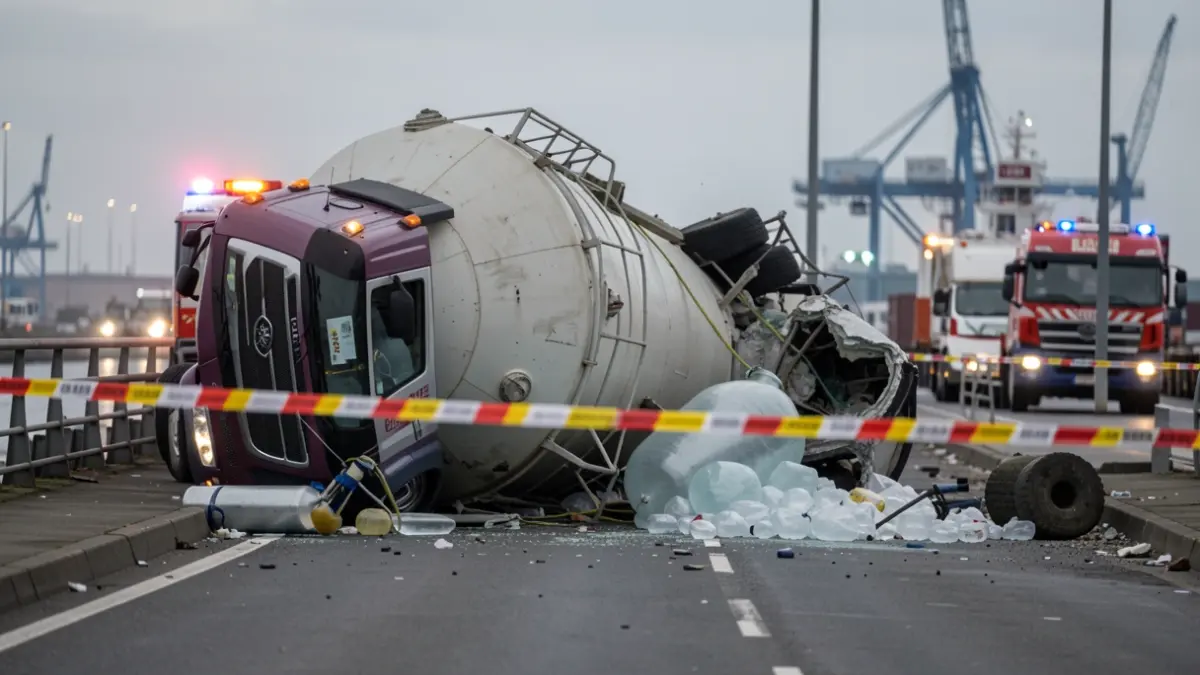 Overturned truck with liquid carbon dioxide in the Port of Algeciras.