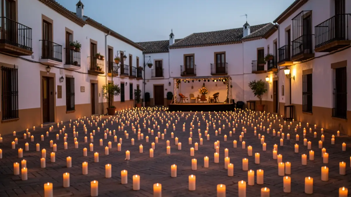 Plaza de un pueblo andaluz medieval iluminada por velas durante la Noche en Blanco.