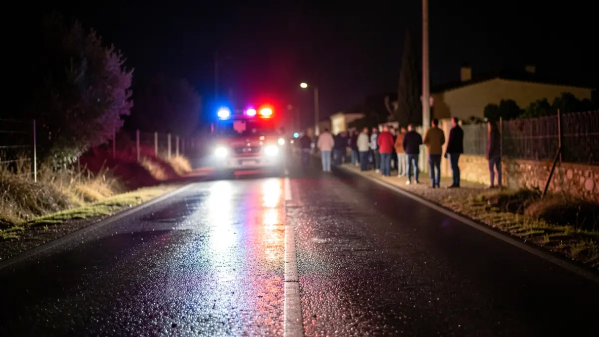 Generic image of emergency lights reflecting on wet asphalt at night.