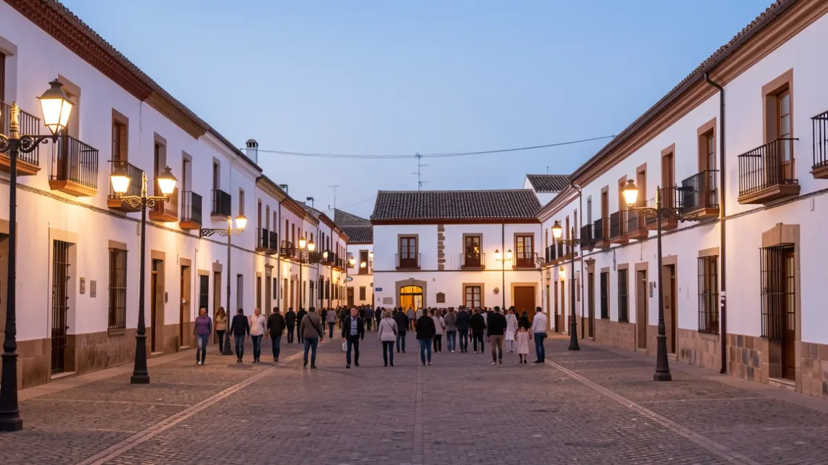 Andalusian town square at dusk, with traditional architecture and lit streetlights.