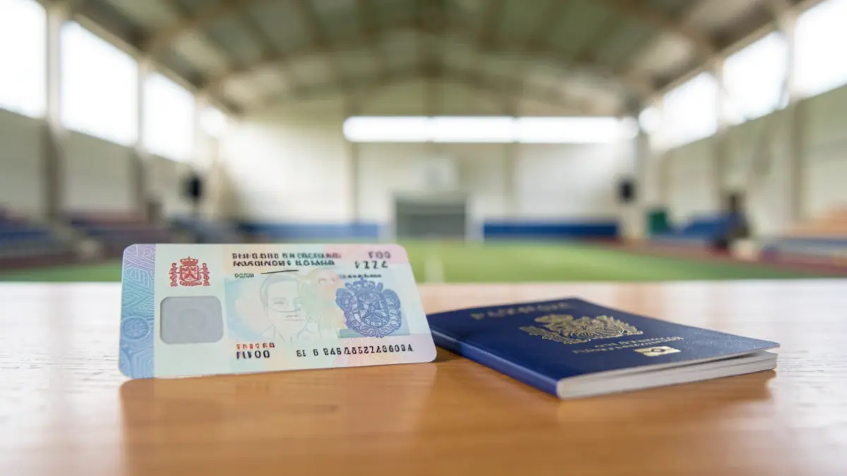 Primer plano de un DNI español y un pasaporte sobre un escritorio de madera en el interior de un pabellón deportivo.