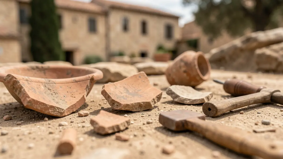 Close-up of ancient archaeological artifacts, pottery shards, and tools on a dusty surface, with soft, diffused light.