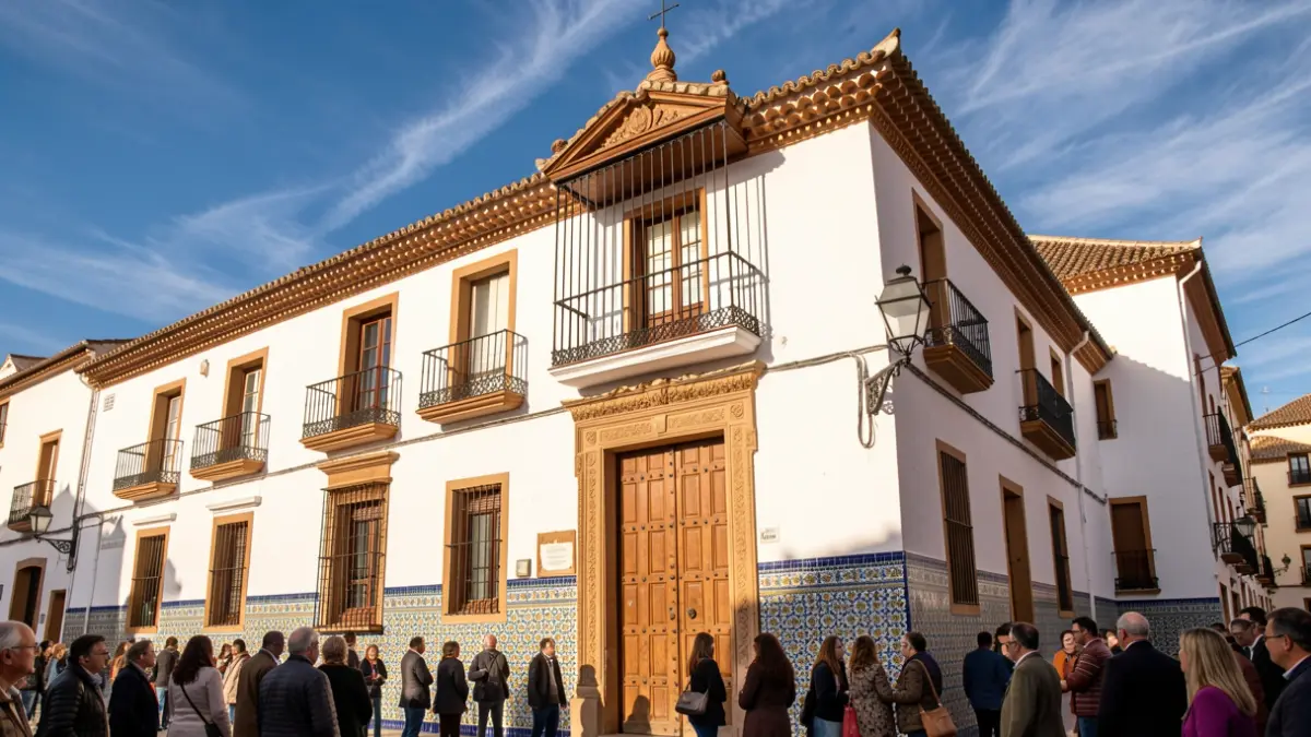 Fachada de un ayuntamiento andaluz tradicional con azulejos y luz solar intensa.