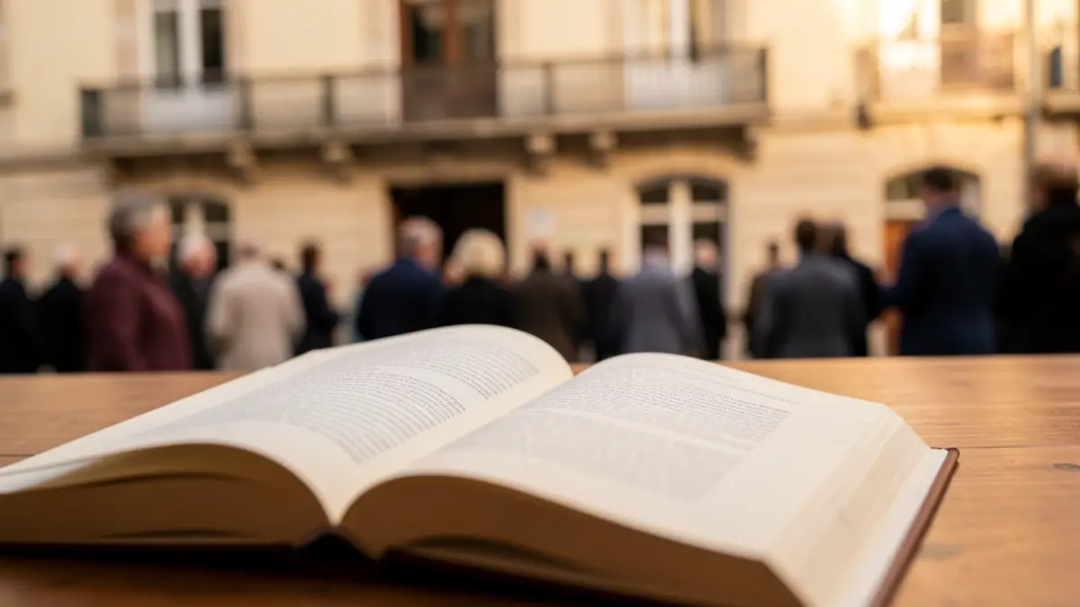 Image of an open book on a desk with a municipal building in the background.