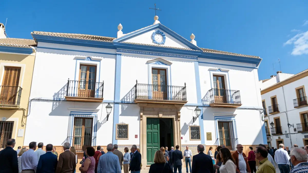Fachada del Ayuntamiento de Casares con balcones de hierro forjado y detalles azules.