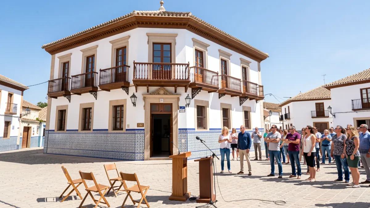 Fachada de un ayuntamiento andaluz con balcón y micrófono.