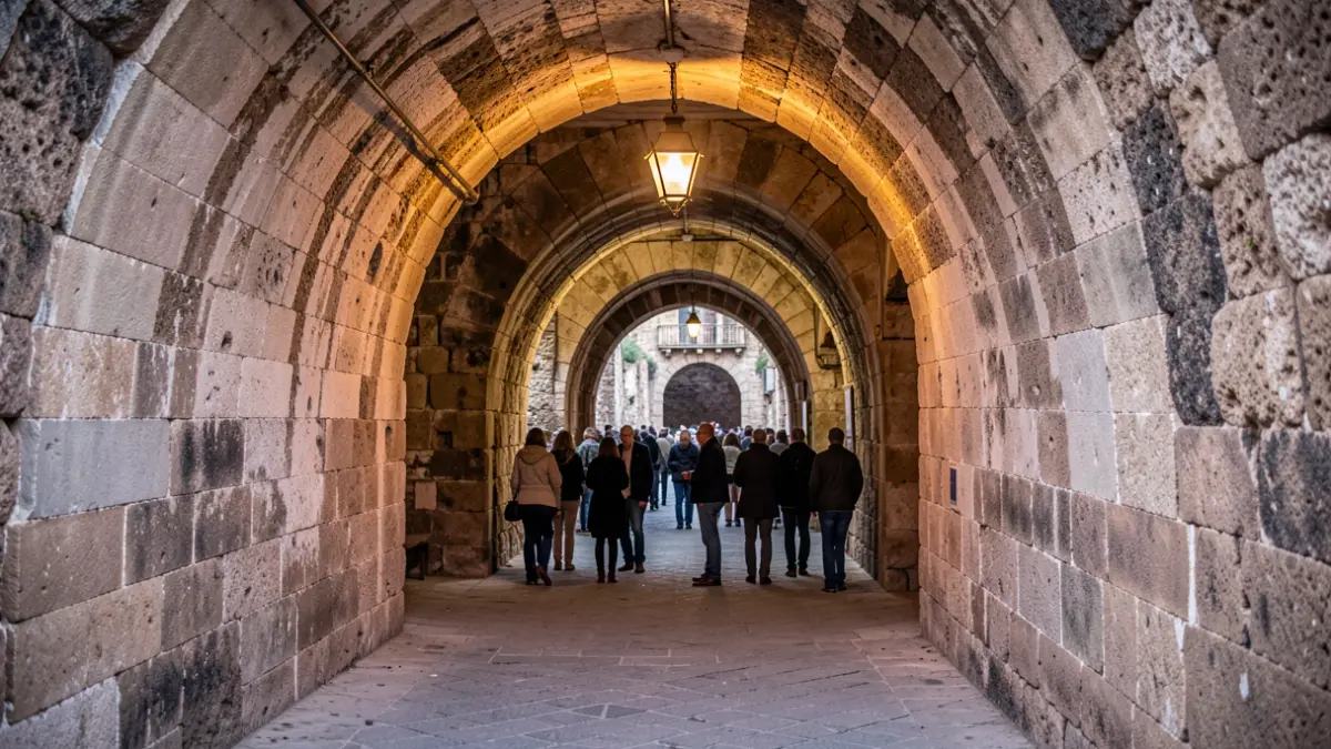 Entrada a las históricas cuevas de María Moco en Cádiz, iluminada con un quinqué.