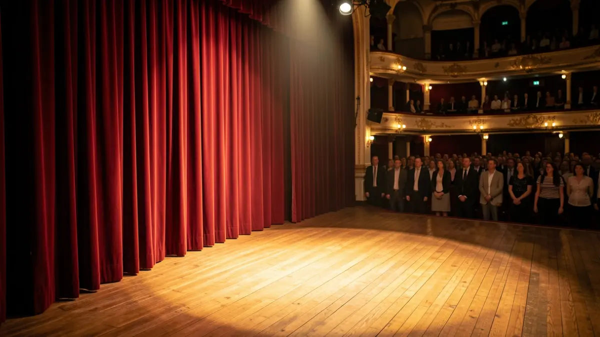 Escena interior de un teatro con cortinas de terciopelo y un foco de luz.