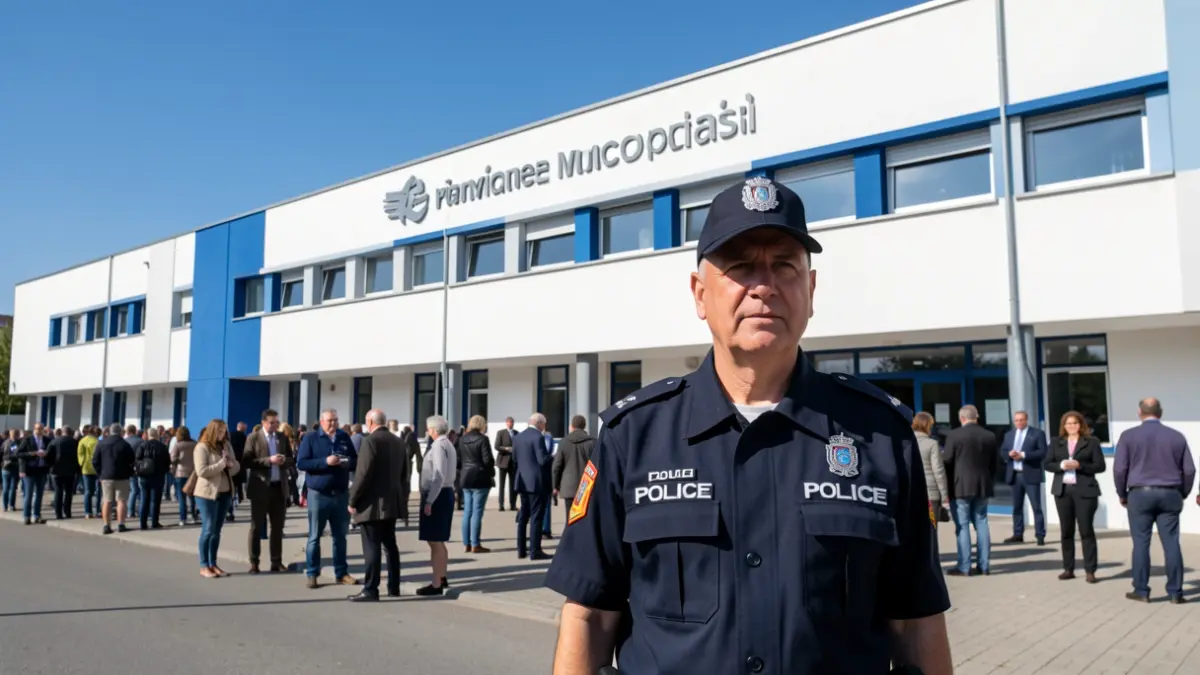 Image of a municipal building in Alhaurín de la Torre with a local police officer in front.