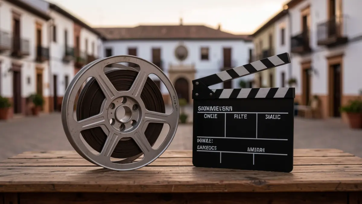 A film reel and a clapperboard on a rustic wooden table, with a blurred background of a traditional Andalusian town square at dusk.