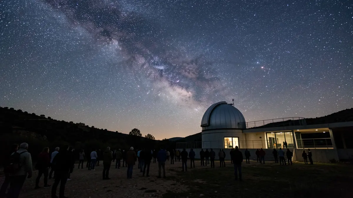 Observatorio astronómico en Sierra Morena bajo un cielo estrellado.