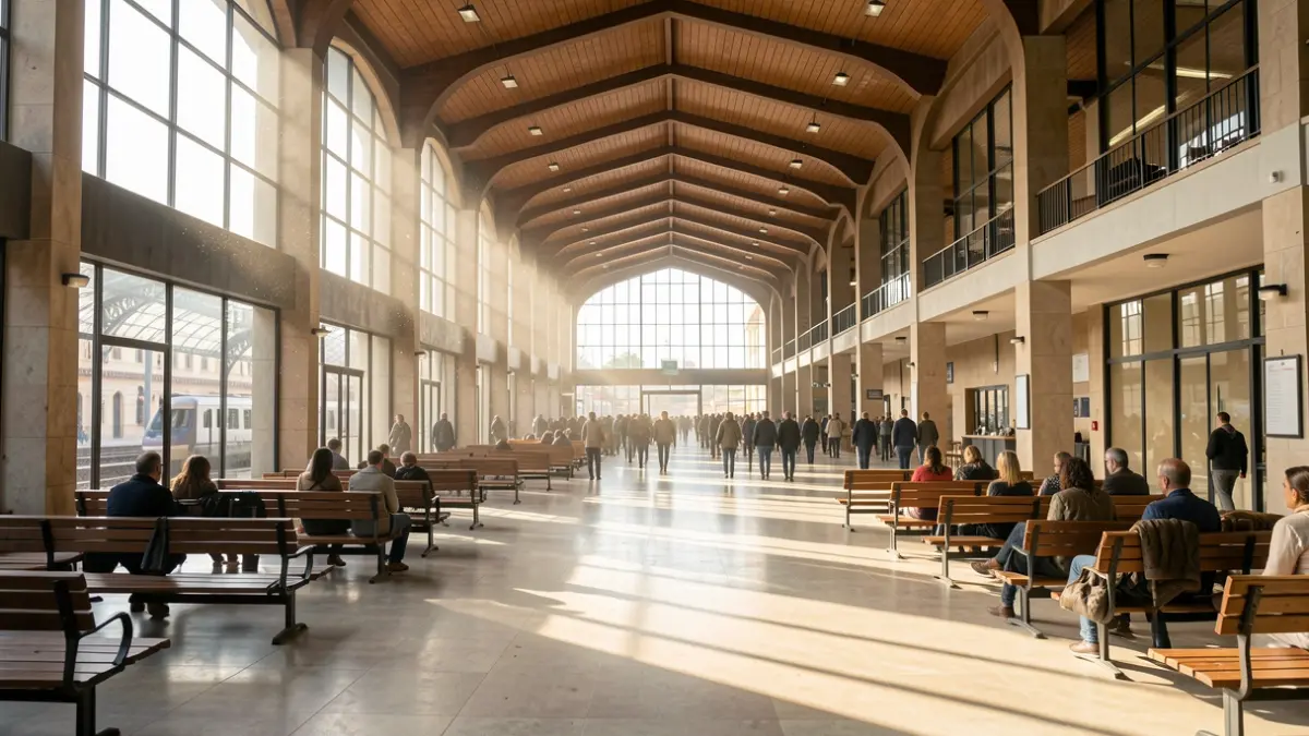 Interior de una gran estación de tren en Andalucía, con techos altos y zonas de asientos vacías.