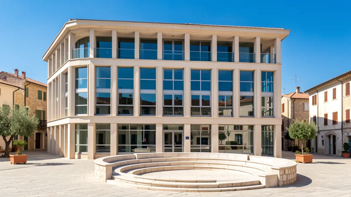 Fachada de la nueva Escuela de Música de Vícar con patio auditorio.