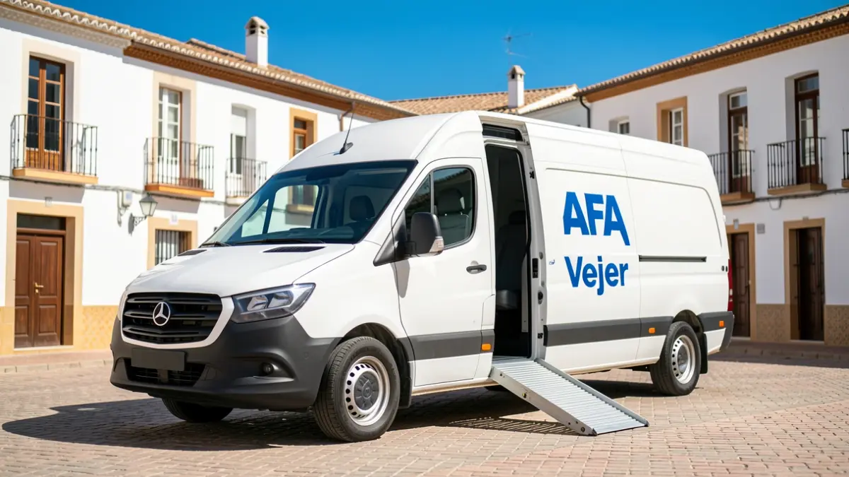 Adapted van from AFA Vejer with ramp deployed in an Andalusian square.