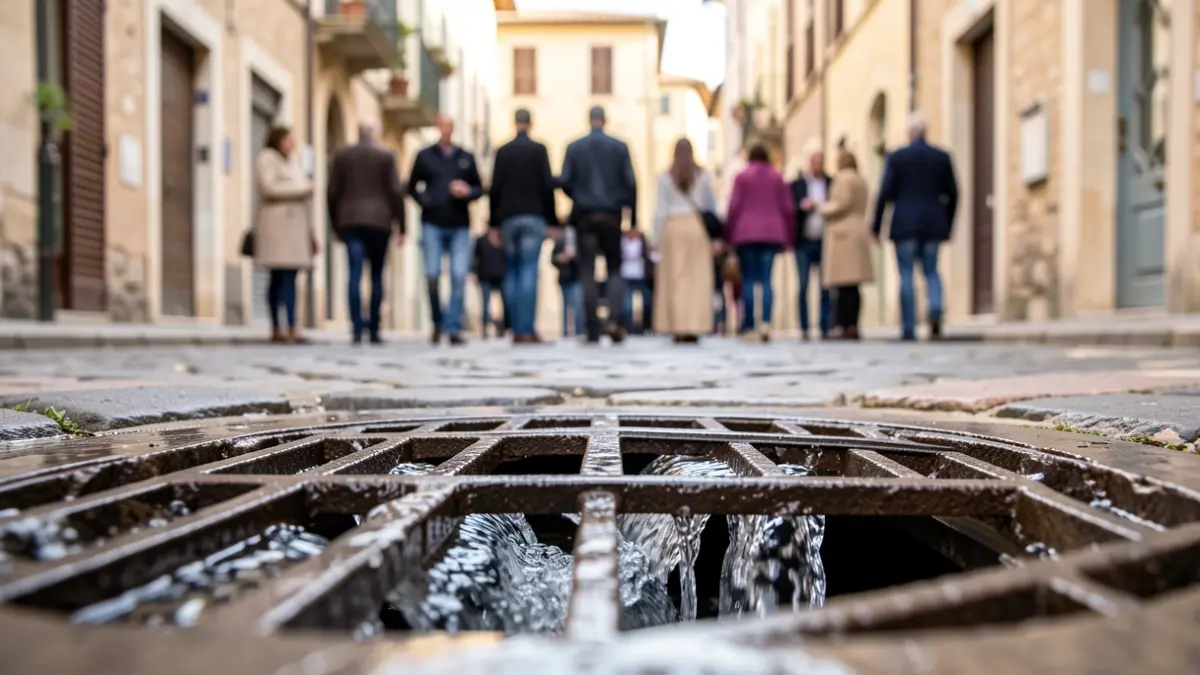 Imagen de un imbornal con agua fluyendo, representando el mantenimiento de la red de saneamiento en Montilla.
