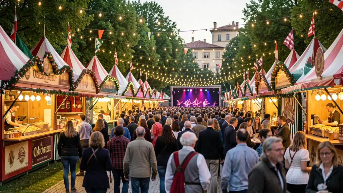 Imagen genérica de una fiesta de la cerveza al aire libre con carpas, puestos de comida y público disfrutando de música en directo.