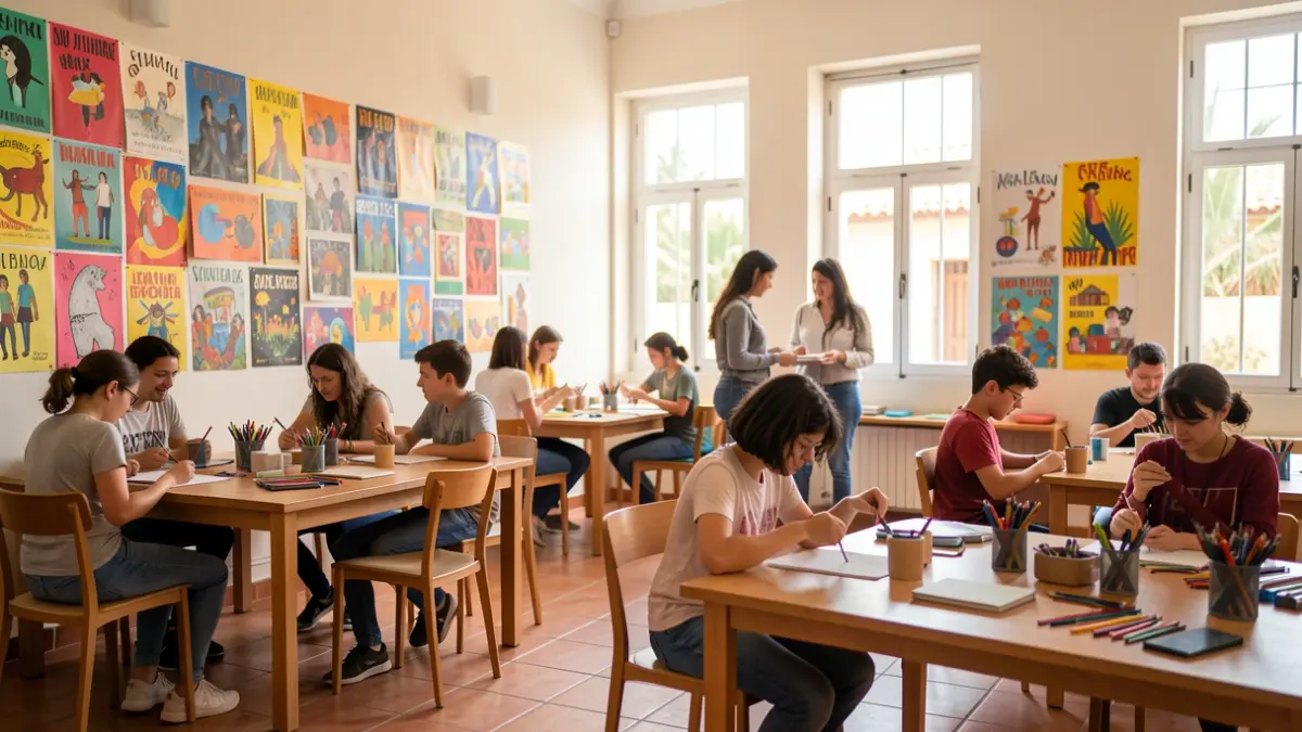 Generic image of the interior of an Andalusian youth center with varied activities.