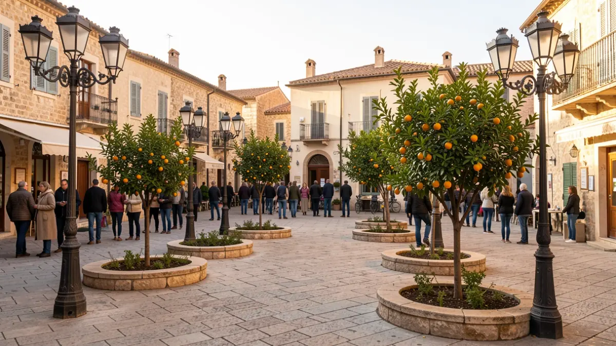 Imagen de una plaza tradicional con pavimento de piedra y árboles, representativa de la remodelación urbana.