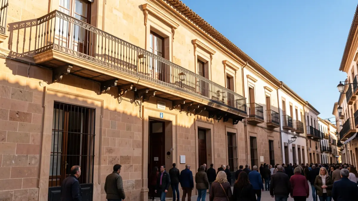 Fachada de un ayuntamiento andaluz con balcón y barandillas de hierro, luz de tarde cálida, cielo azul.