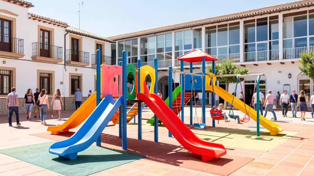 Imagen de una nueva área de juegos infantiles en una plaza renovada de Alcalá de Guadaíra, junto a un centro cívico.