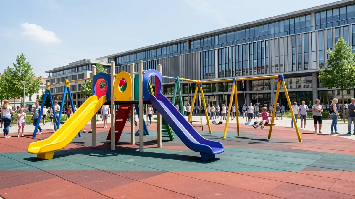 Imagen de una nueva área de juegos infantiles en Alcalá de Guadaíra, con equipamiento moderno y un centro cívico al fondo.