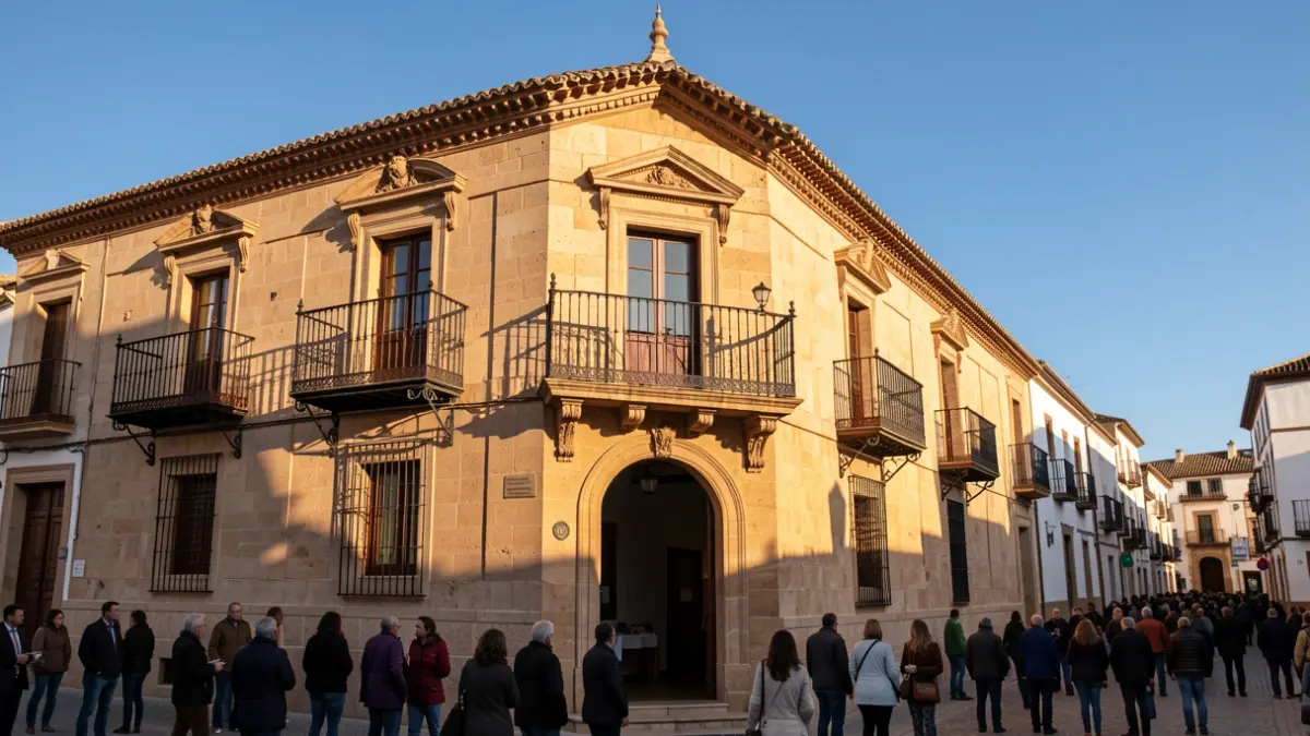 Fachada de un ayuntamiento andaluz tradicional con balcón y barandillas de hierro, bajo la luz del sol de la tarde.